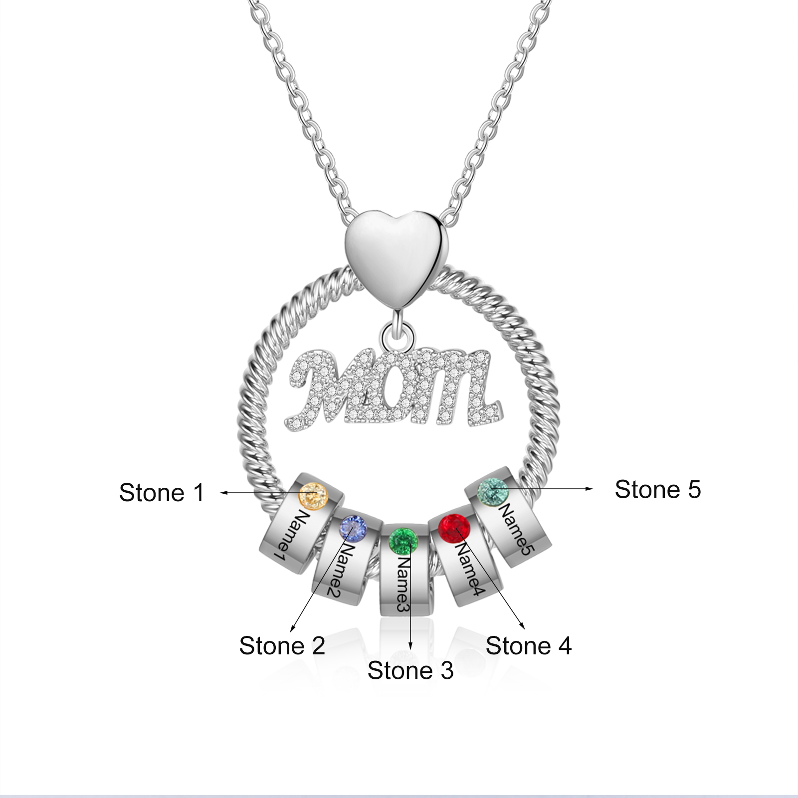 5 Names-Personalized Necklace With 5 Birthstones Engraved Names Gift For Mother