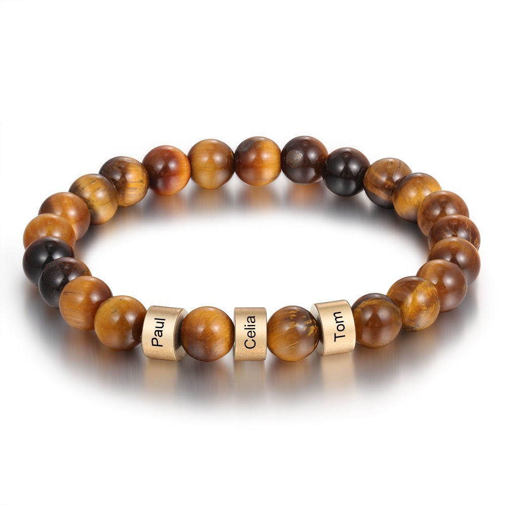 Father's day Brown Tiger Eye Men's  3 Name Bracelet Gift For Himm