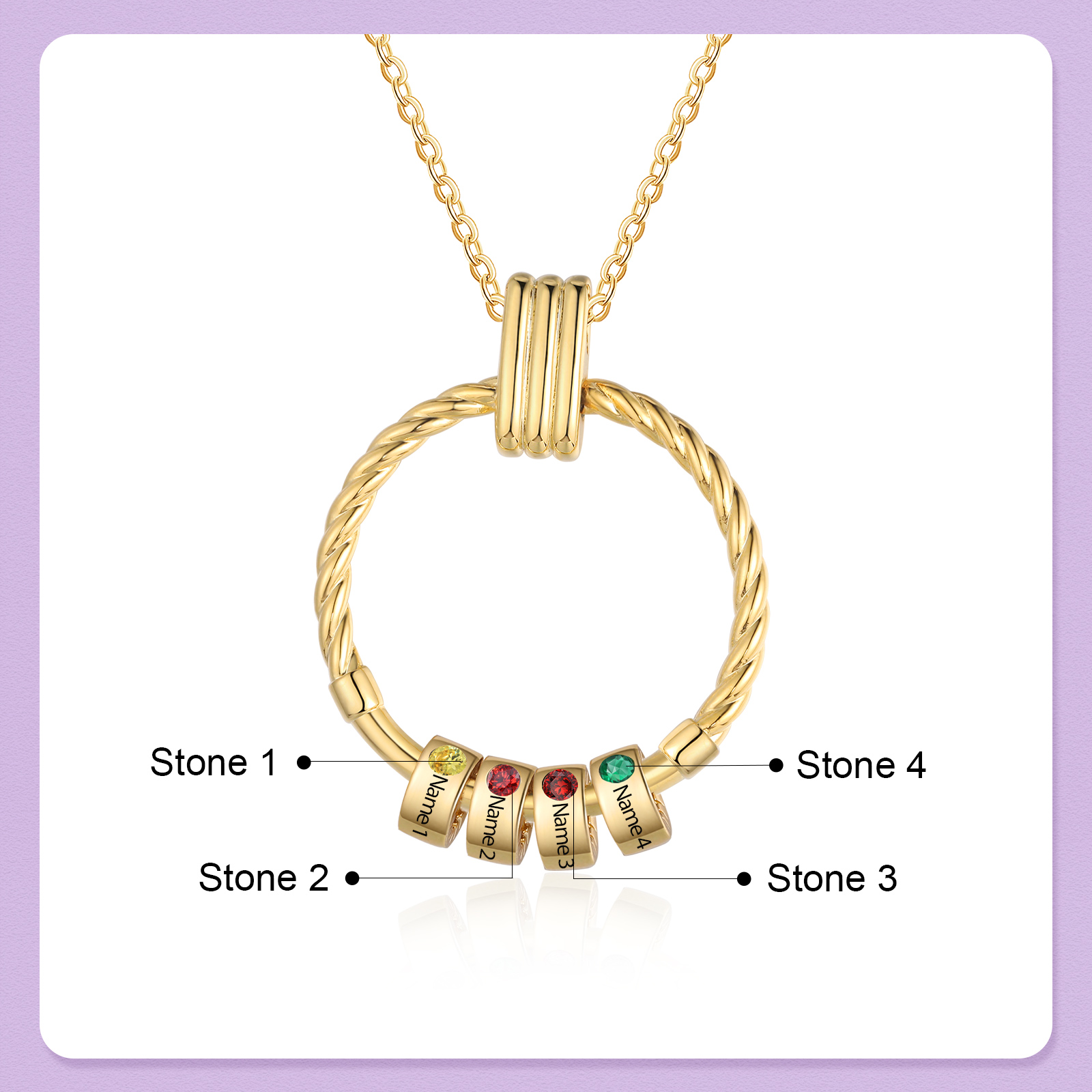 4 Names - Personalized Round Pendant Necklace Customized Name Gift for Her