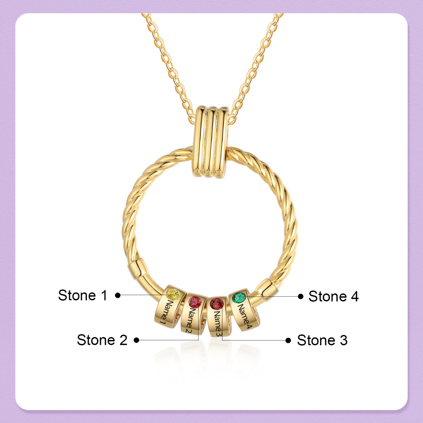 4 Names - Personalized Round Pendant Necklace Customized Name Gift for Her