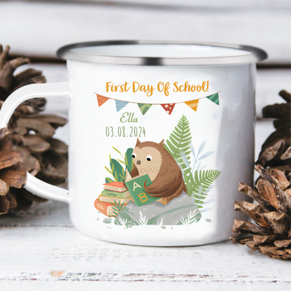 Personalized Name And Date Enamel Mug Children'S Owl Pattern Back To School Gift For Kid