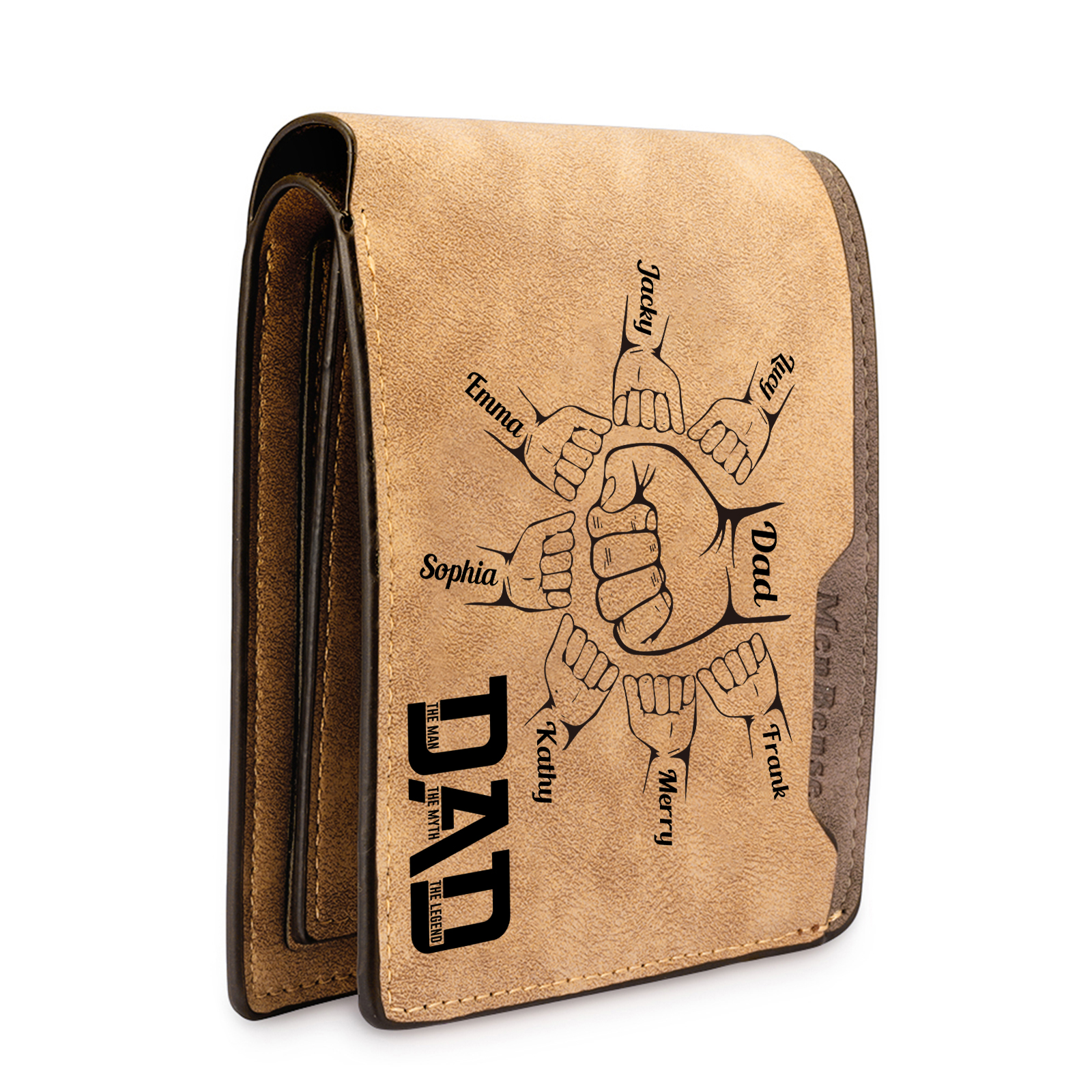 8 Names - Personalized Fist Bump Pattern Custom Name Leather Men's Wallet as a Father's Day Gift for Dad
