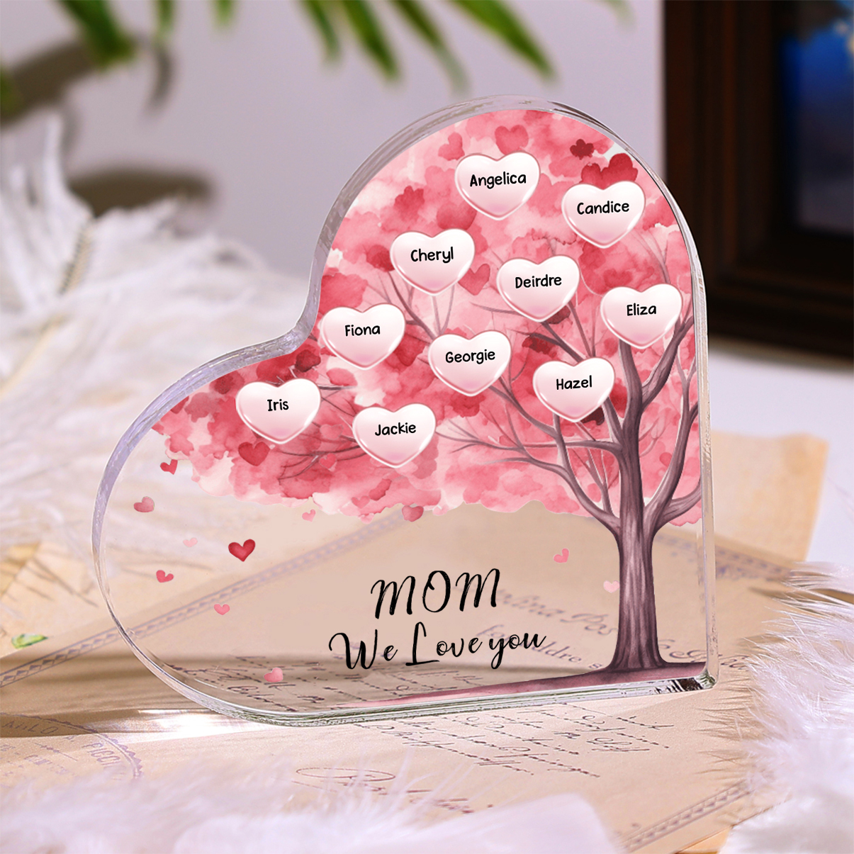 Personalized Heart Shaped Acrylic Plaque Family Tree Gift for Mom - with 1-10 names