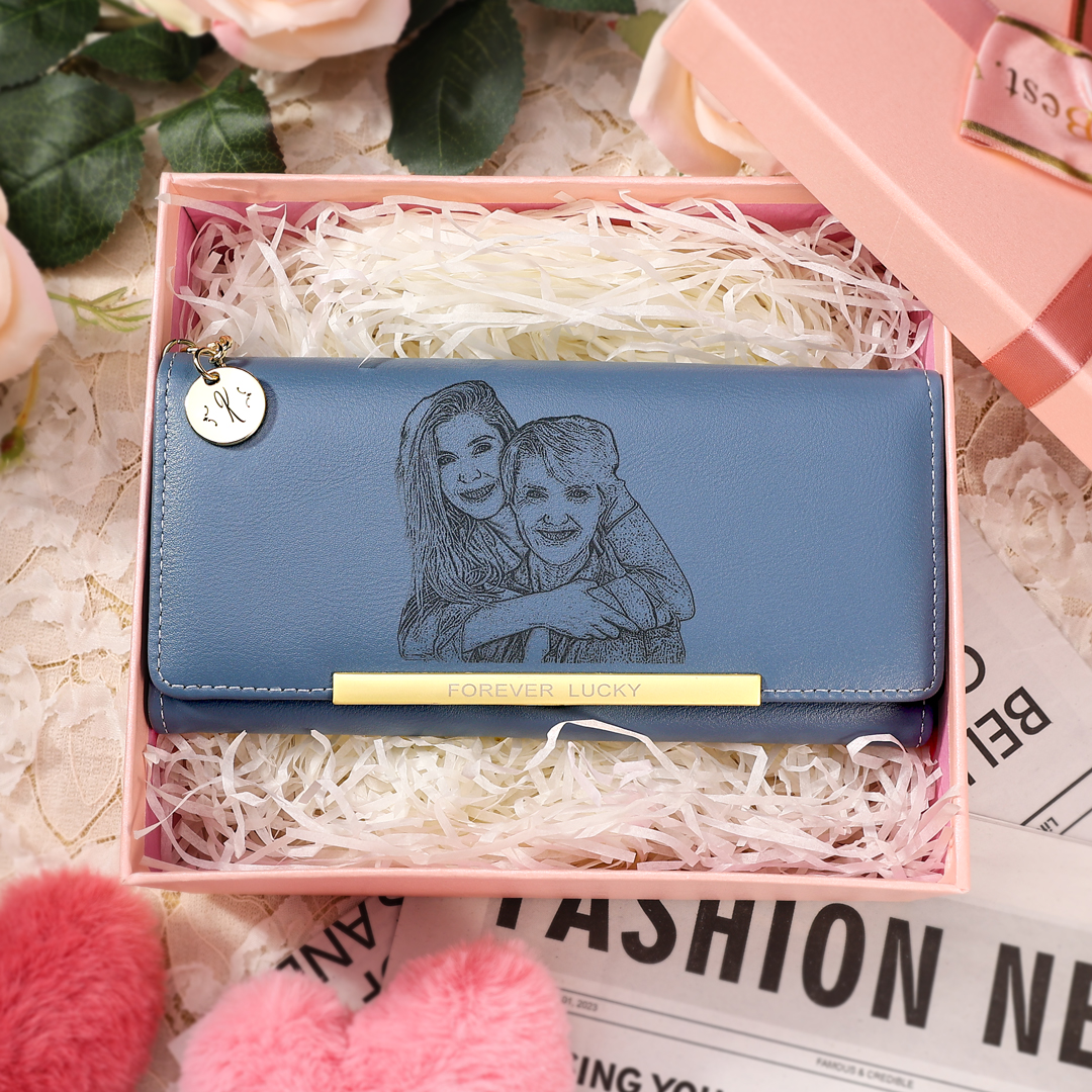 Personalised Women's Wallet with Custom Photo & Letter – PU Leather in Blue & Pink & Yellow Christmas Gift for Nan | Jessemade
