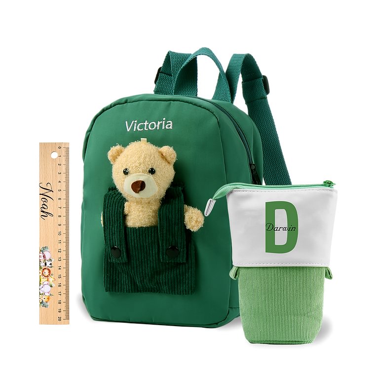 Personalized 1 Letter and 3 Names Gift Set Custom Green Backpack and Pencil Case and Ruler Gift Set Back to School Gift for Daughter