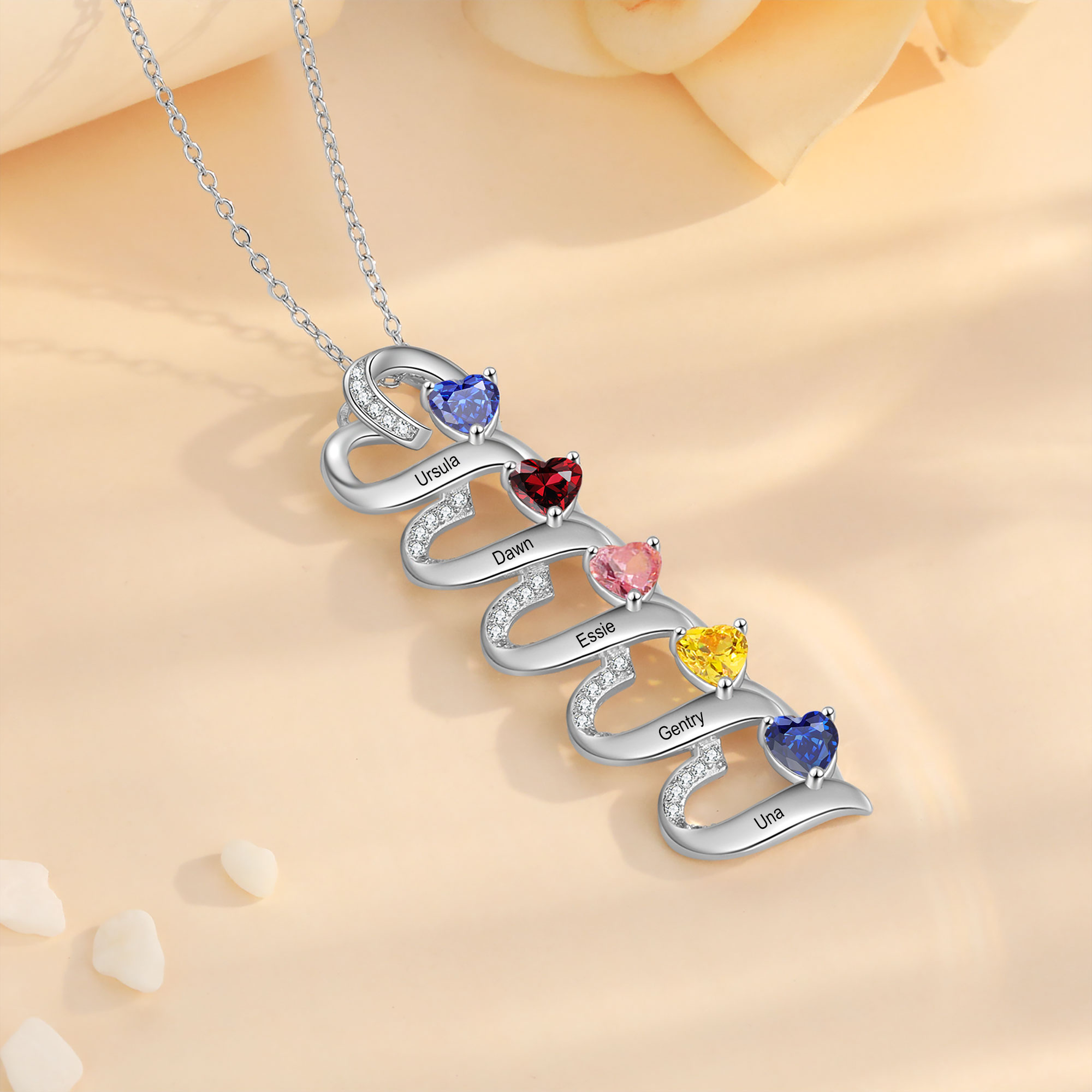 5 Names-Personalized Hearts Necklace Custom Birthstone Necklace Engraved Names Special Gifts for Her