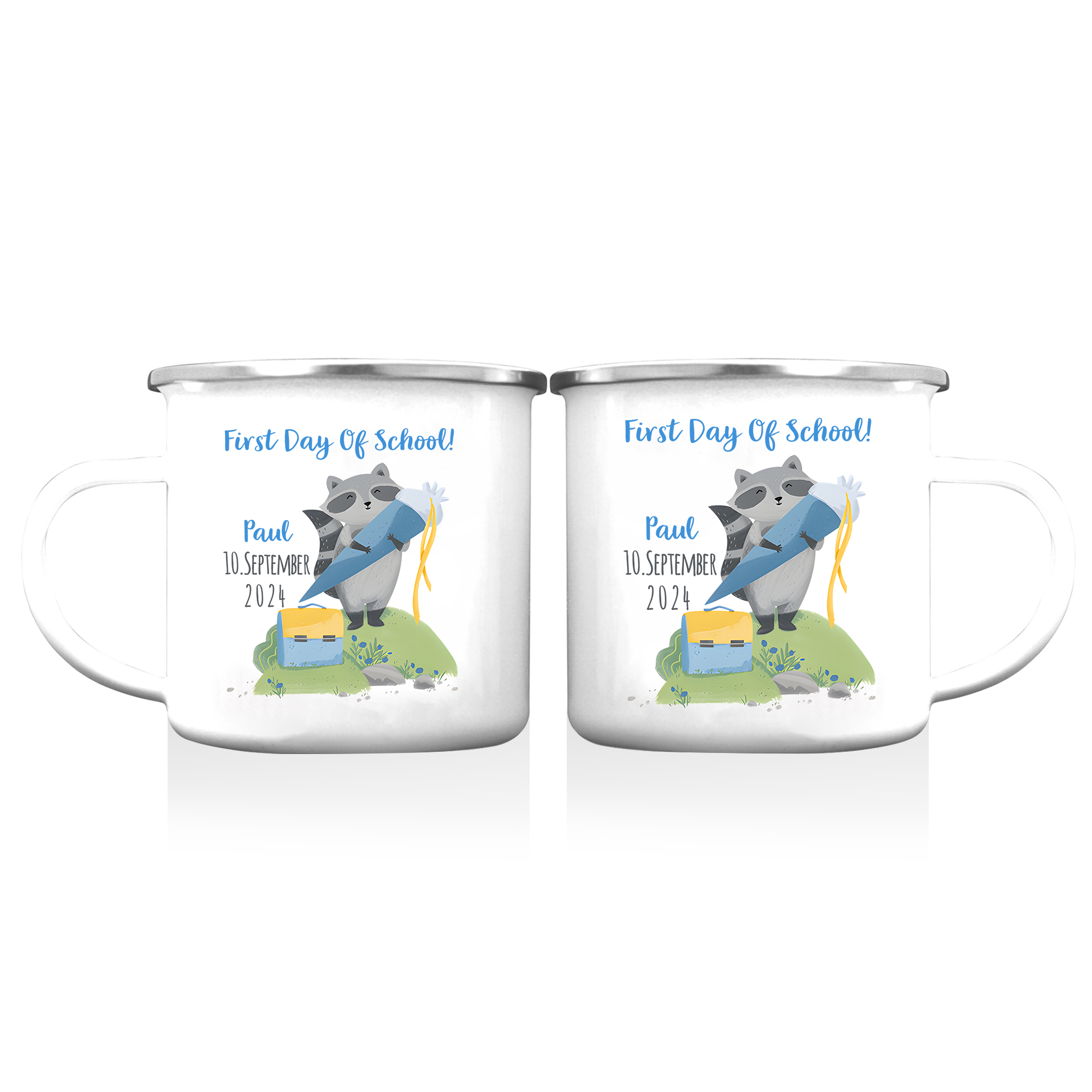 Personalized Name And Date Enamel Mug Children'S Raccoon Pattern Back To School Gift For Kid