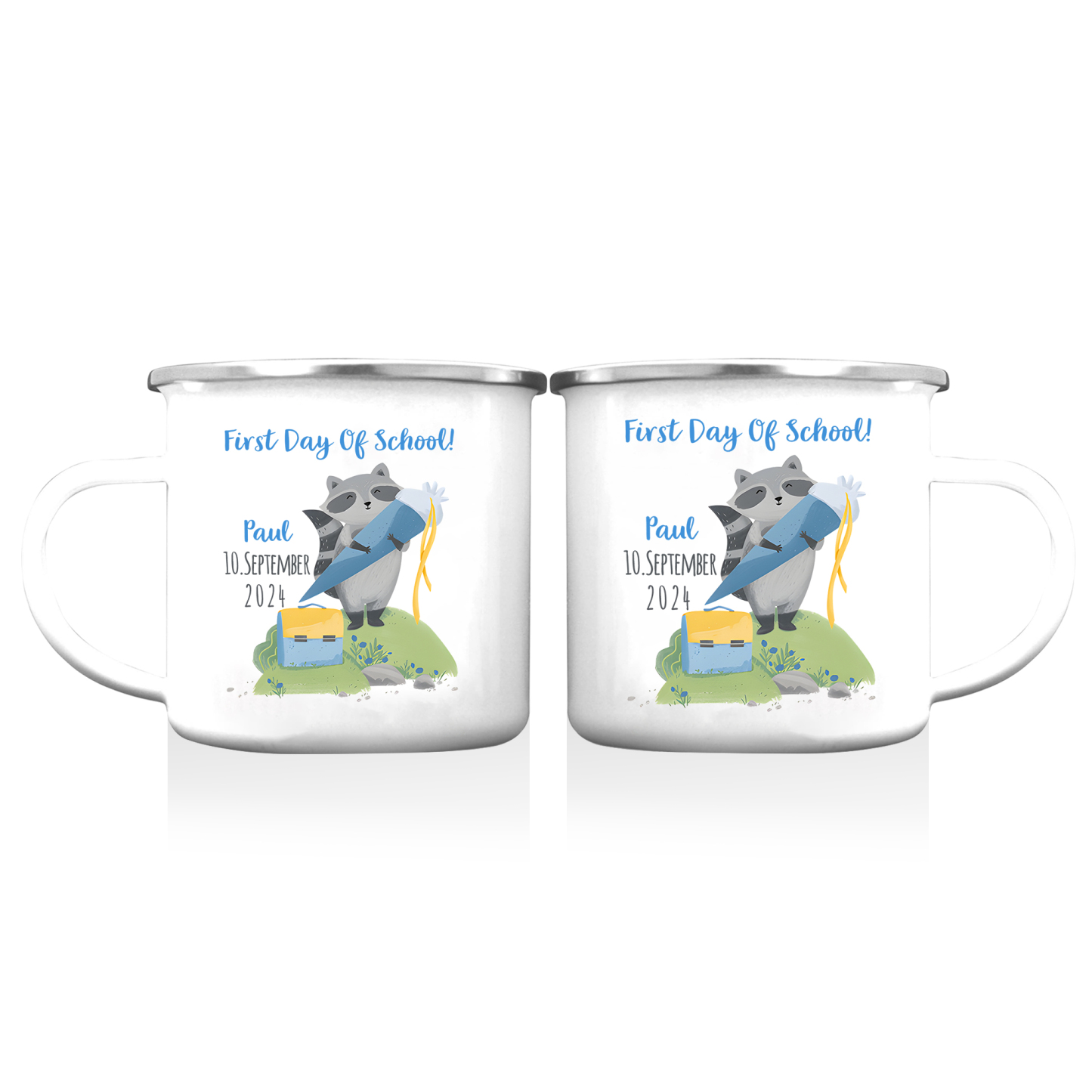 Personalized Name And Date Enamel Mug Children'S Raccoon Pattern Back To School Gift For Kid