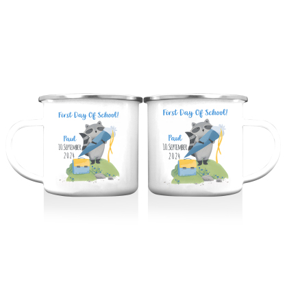 Personalized Name And Date Enamel Mug Children'S Raccoon Pattern Back To School Gift For Kid