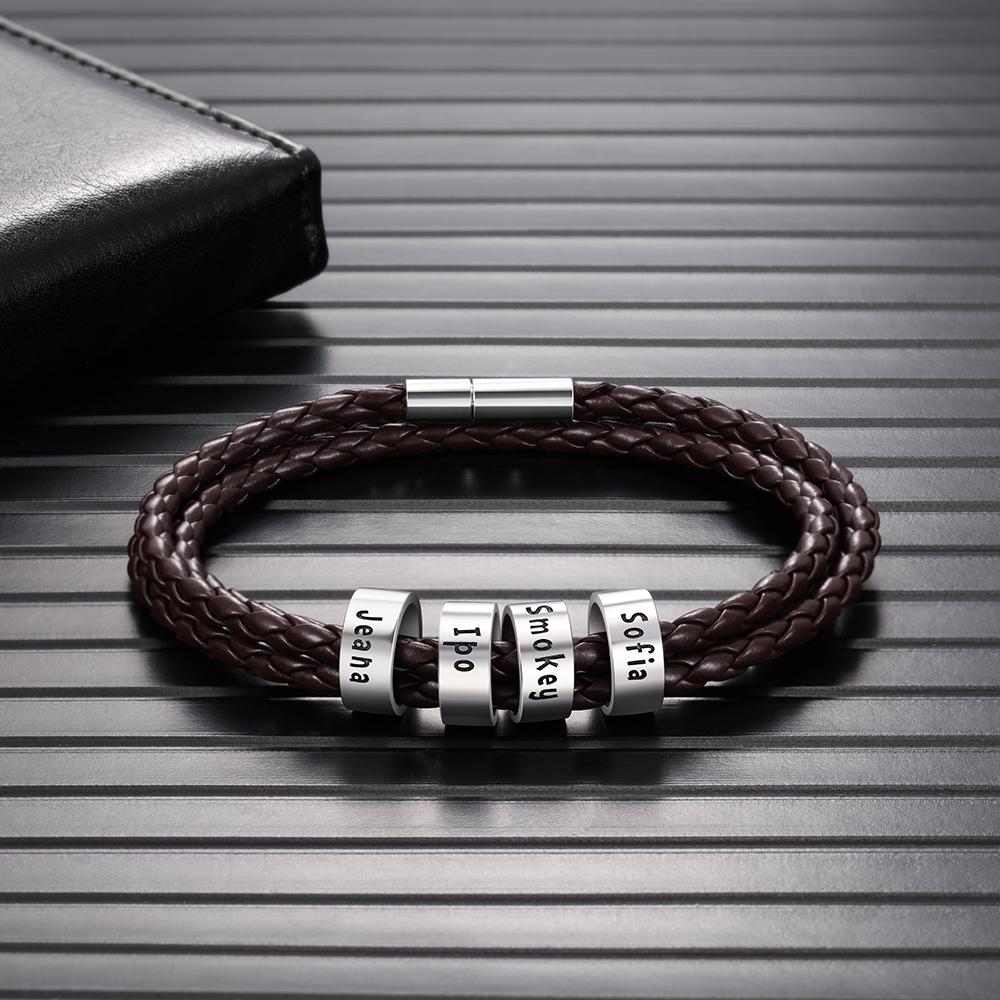 Braided Leather Personalised Name 4 Beads Men's Bracelets Gifts For Him Best Gift For Dad