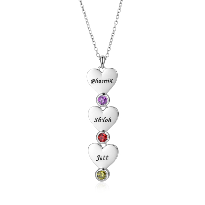 Personalized Necklace With Vertical Hearts Pendant Custom with 1-5 Names And Birthstones Gift For Mom
