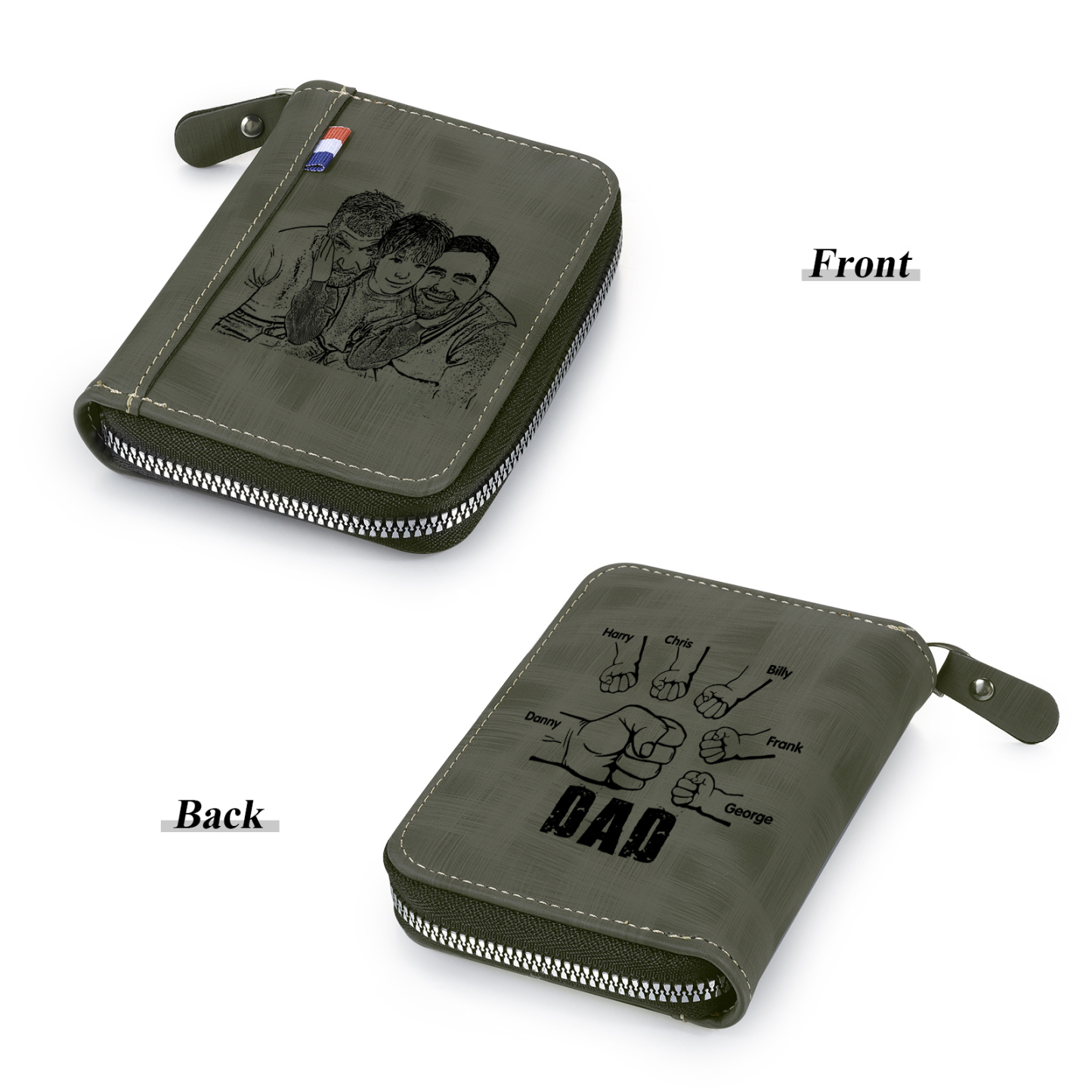 6 Names - Personalized Photo Text Custom Leather Men's Wallet Custom Name Zipper Wallet for Dad