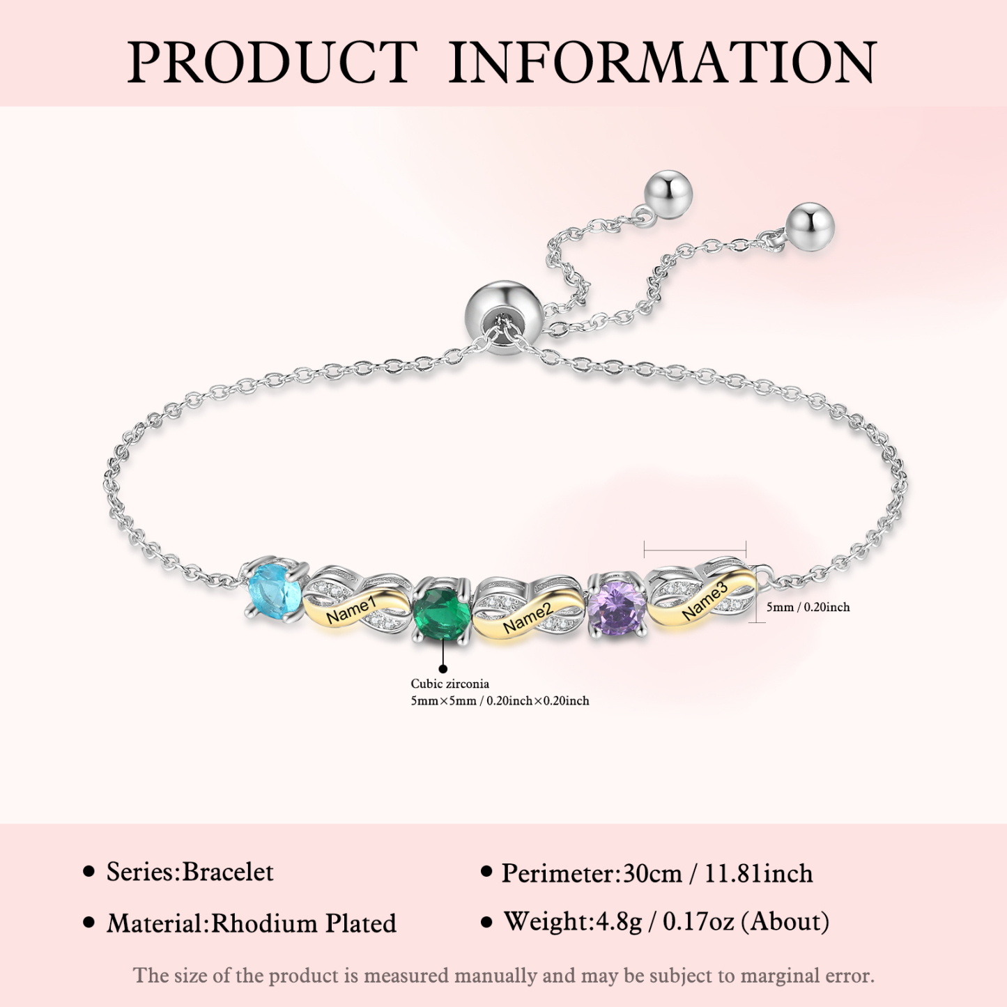 2-5 Names-Personalized Infinity Bracelet With Birthstones Set With Rose Box Engraved Names Bracelet Gift For Women