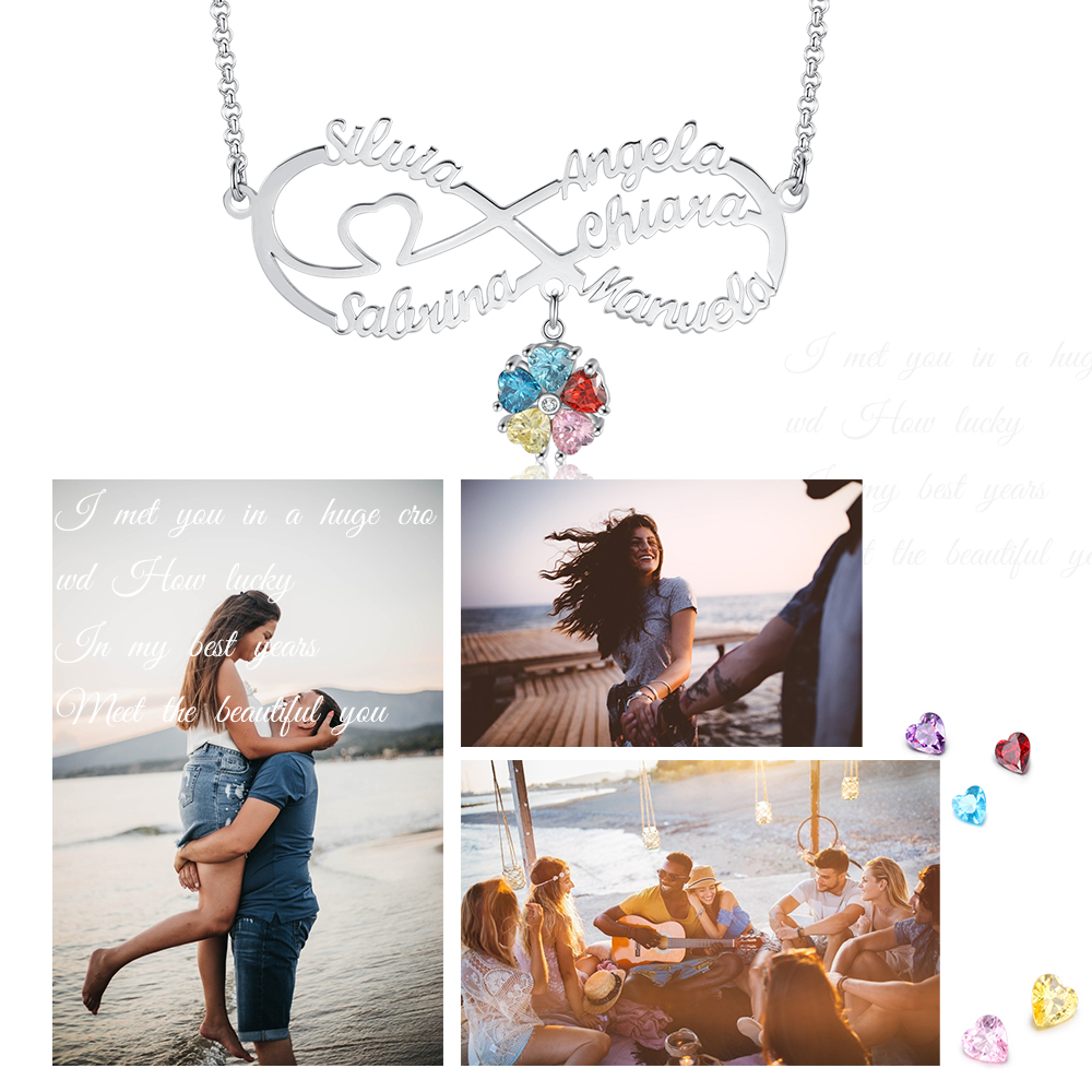 Personalized Infinity Necklace With 6 Birthstones Engraved Names Necklace Gift For Women