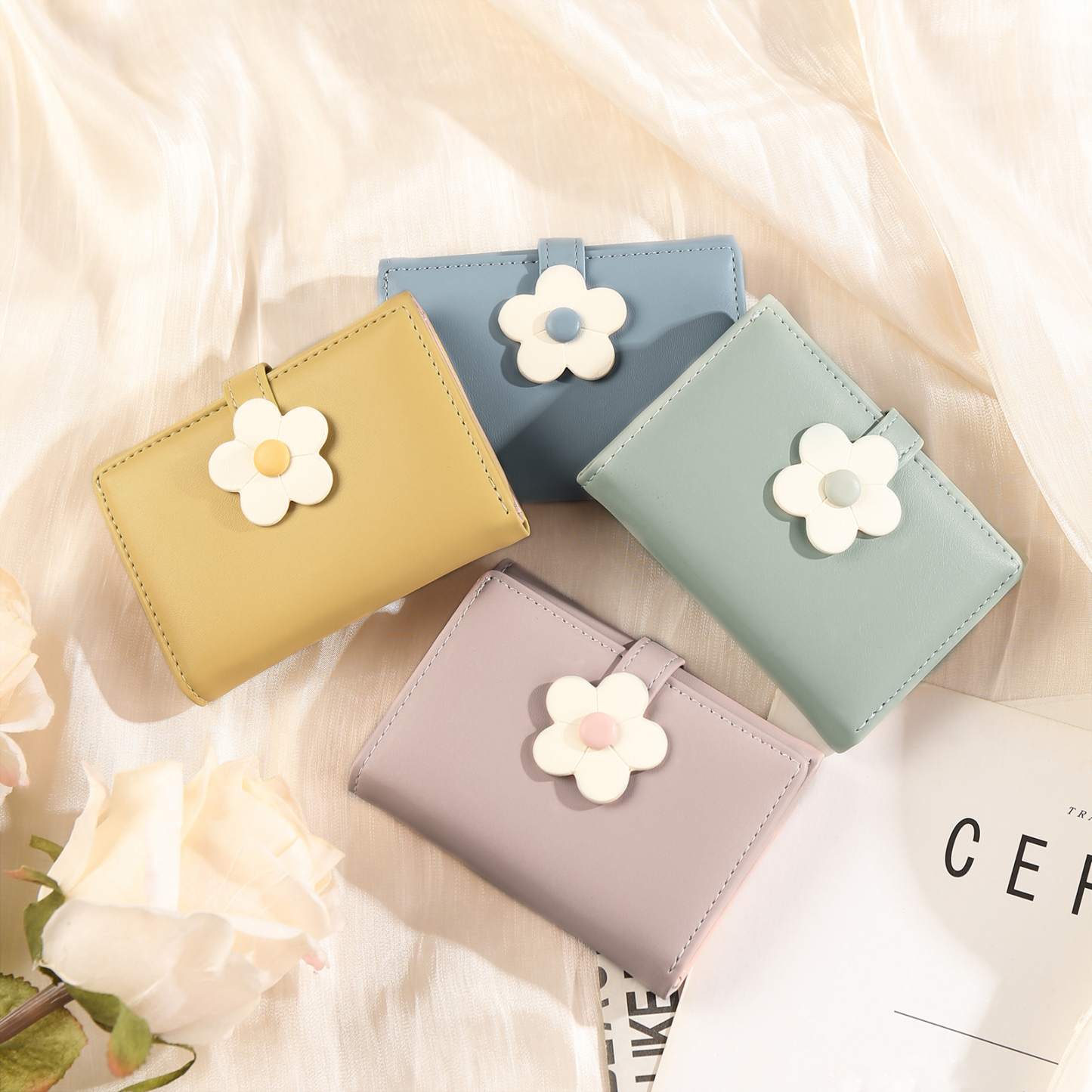 Women's Personalized Photo PU Leather Flower Wallet Coin Purse Four Colors Available Gift for Her