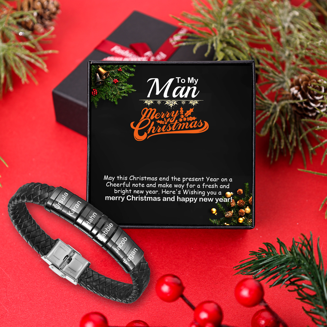 6 Names-Personalized Braided Leather Bracelet Set With Gift Box-Custom Men's Bracelet Engraved 6 Names Gift for Him