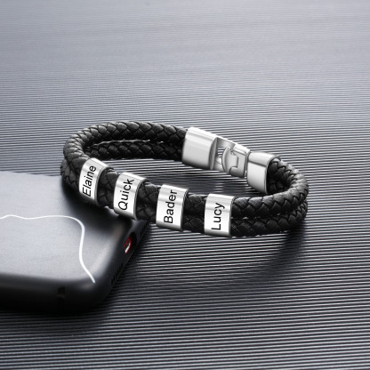 Personalized Braided Leather Bracelet Engraved 4 Names Men's Bracelet for Him