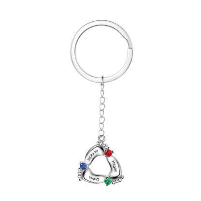Personalized Baby Feet Keychain With 3 Birthstones Engraved names Keychain Gifts For Mother