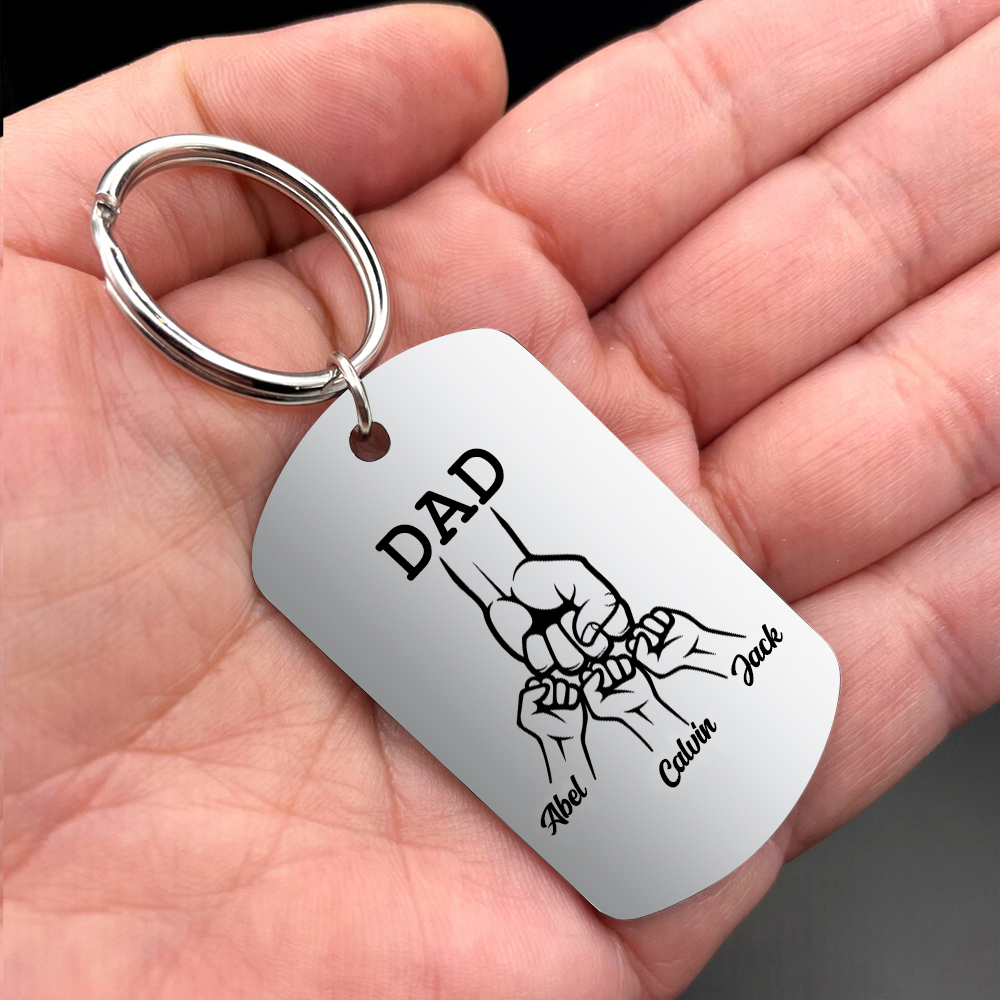 3 Names - Personalized Fist Pendant Keychain Gift Set - Customized Photo Special Gift for Dad