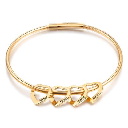 Custom Engraved 4 Names Heart Charms Prsonalised Bangle Bracelet for Women 