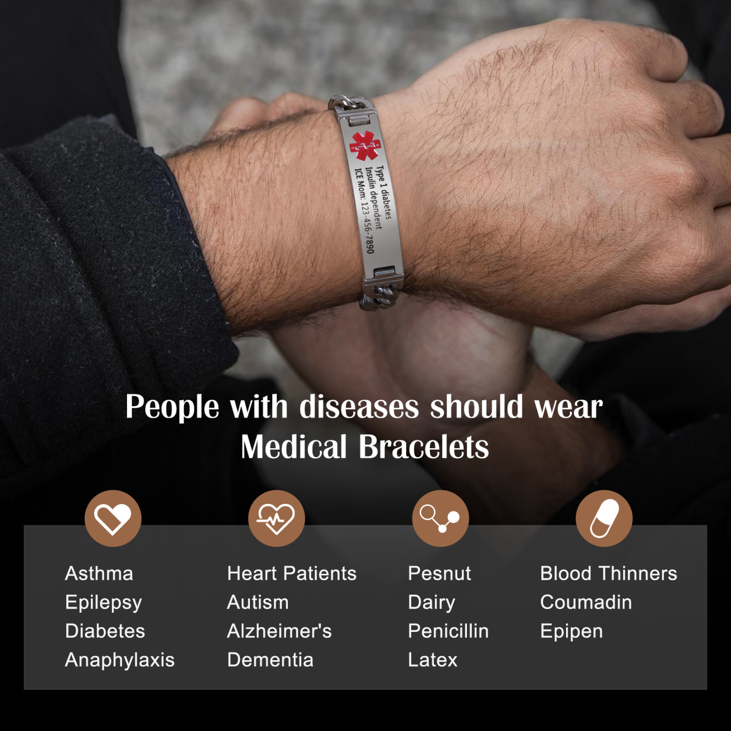 Custom Medical Alert ID Bracelet Practical Gift - Customized in the USA & Ships in 2 Days - for Dad, Mom, Grandpa, Grandma, Friend | Jessemade