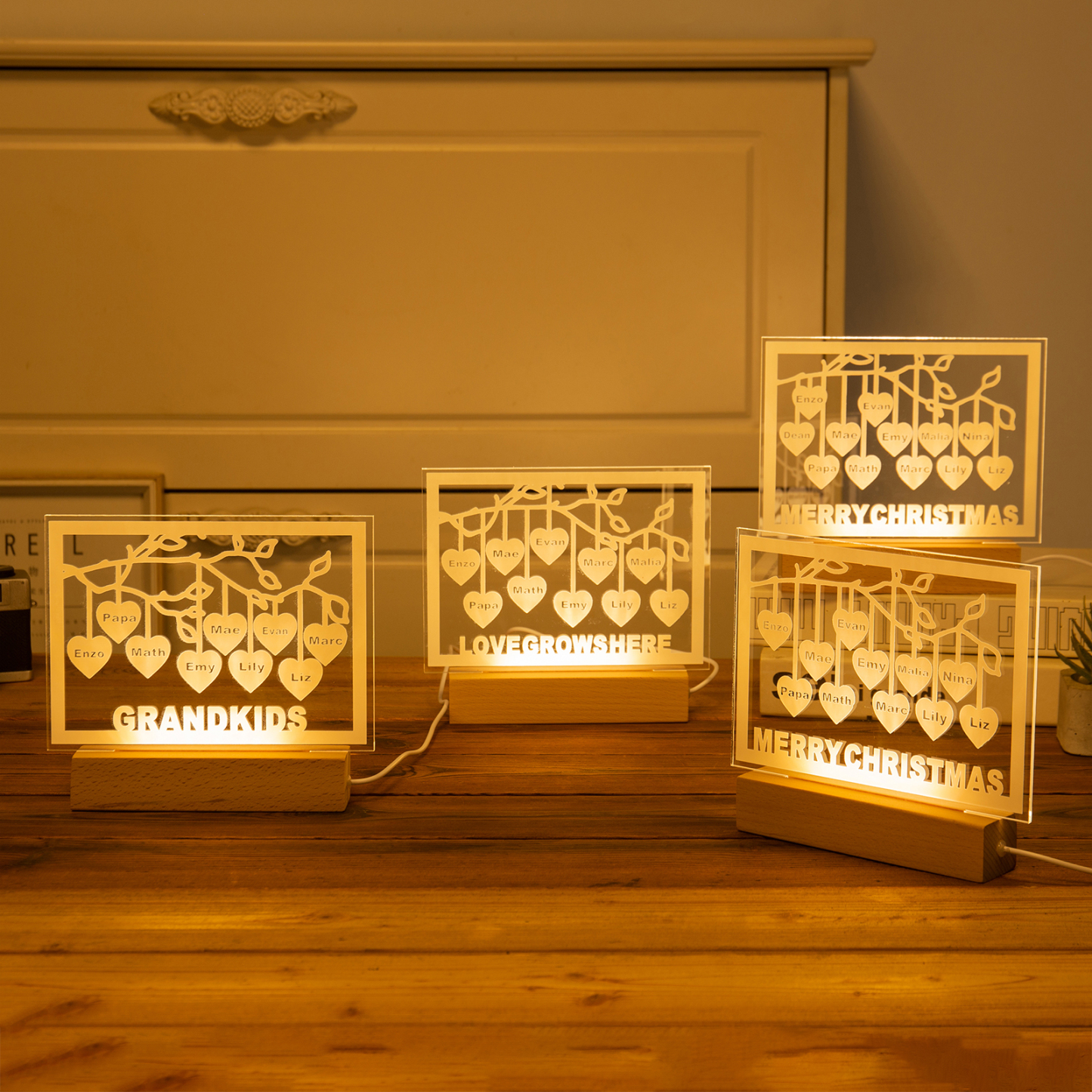 Personalized Family Tree Night Light LED Sign Engraved 11 Names Plaque USB Power Lamp