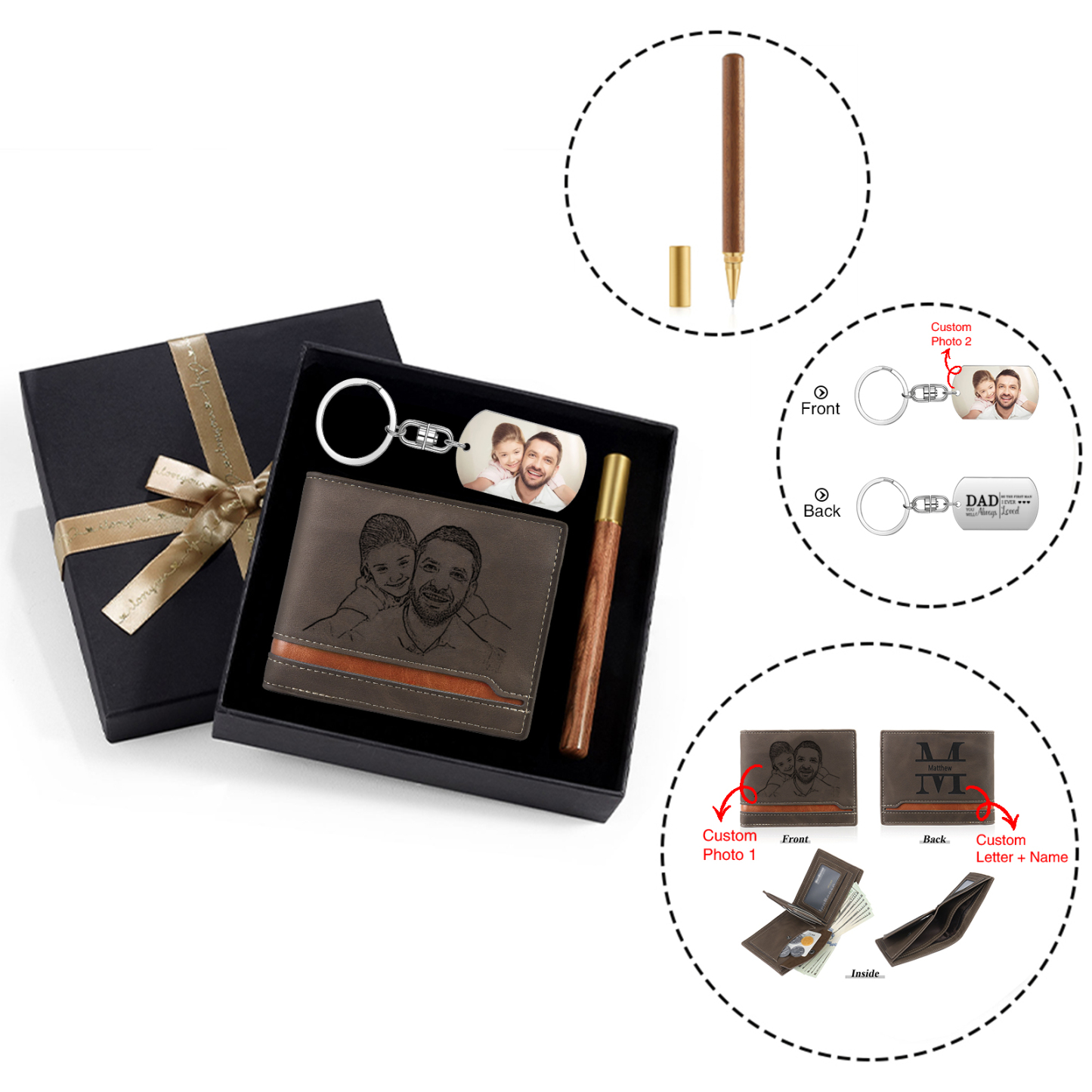 Personalized Leather Wallet Gift Box Set Keychain Strap Customizable 2 Photos 1 Letter and 1 Text Gift for Dad
