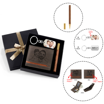 Personalized Leather Wallet Gift Box Set Keychain Strap Customizable 2 Photos 1 Letter and 1 Text Gift for Dad