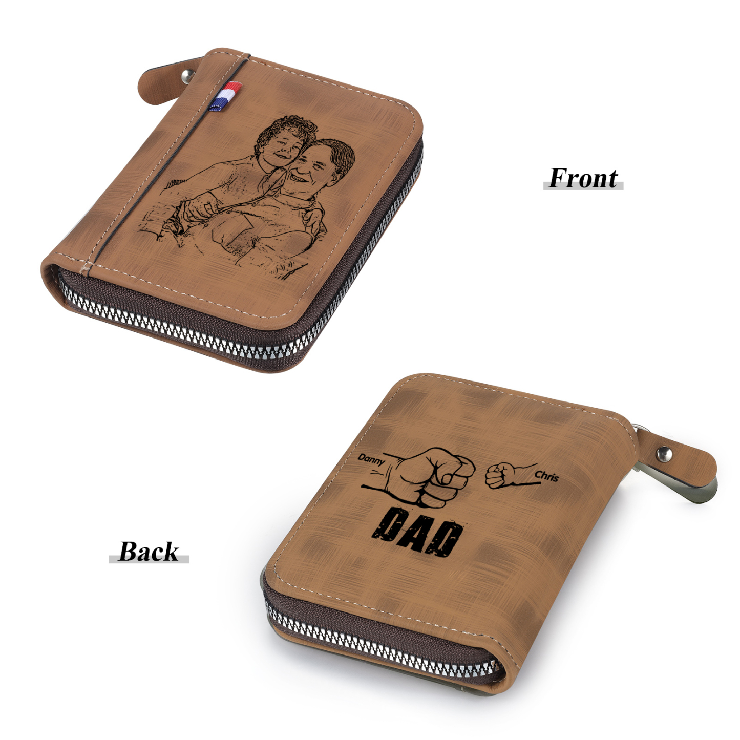 2 Names - Personalized Photo Text Custom Leather Men's Wallet Custom Name Zipper Wallet for Dad
