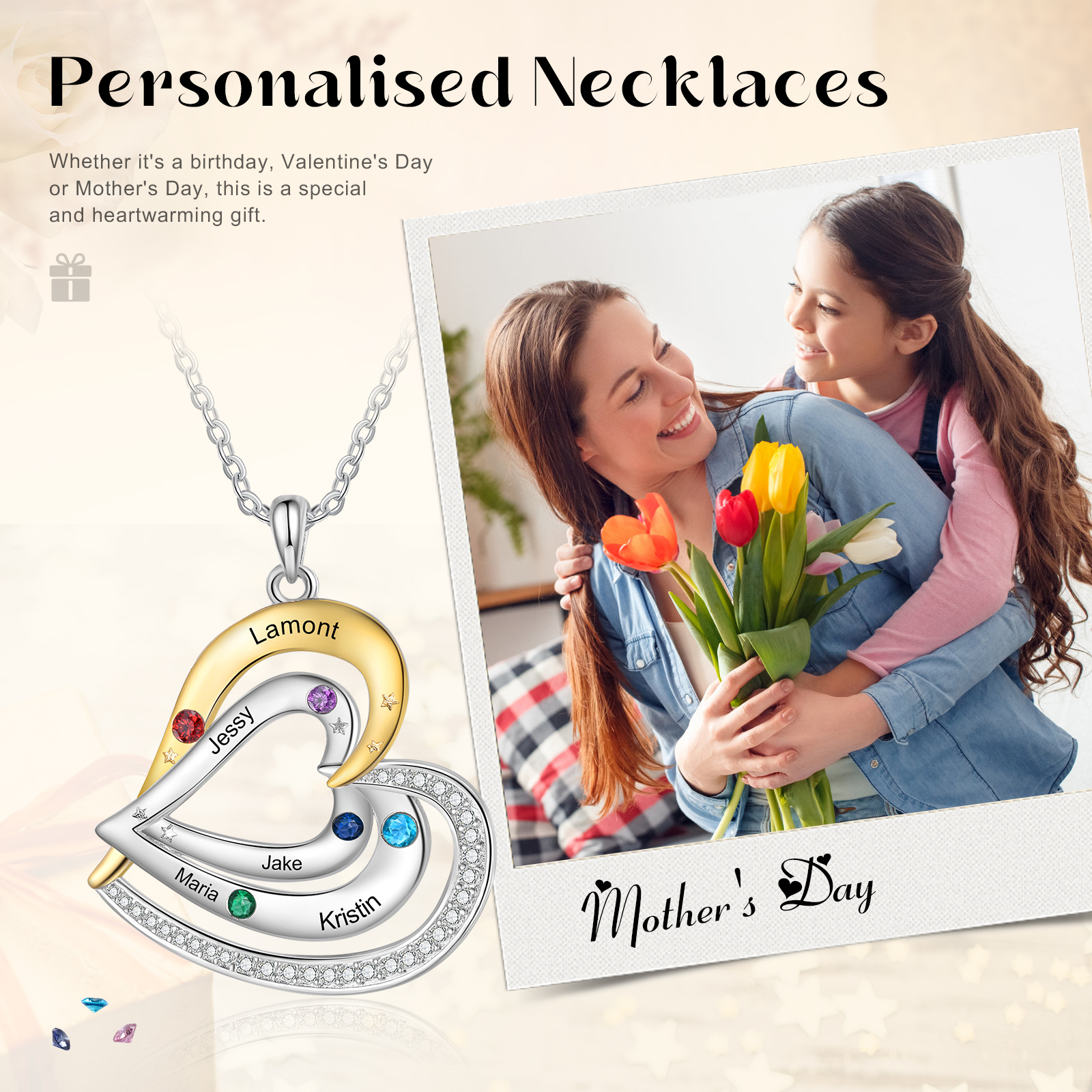 5 Names - Personalized Love Necklace with Customized Name and Birthstone, A Special Gift for Her
