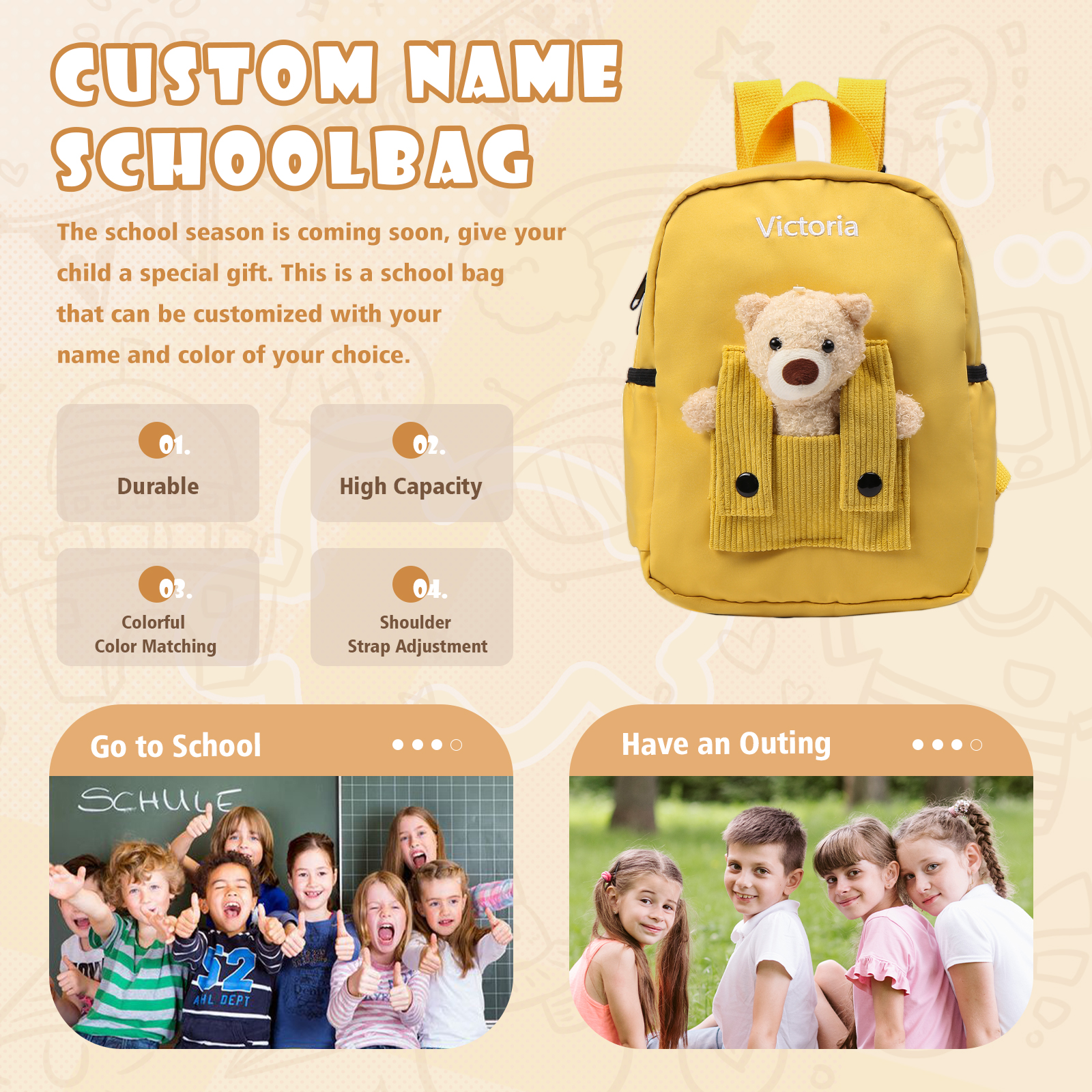 Personalized Bear Style School Bag Customized Name Canvas Kids Backpack Back to School Gift