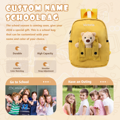 Personalized Bear Style School Bag Customized Name Canvas Kids Backpack Back to School Gift