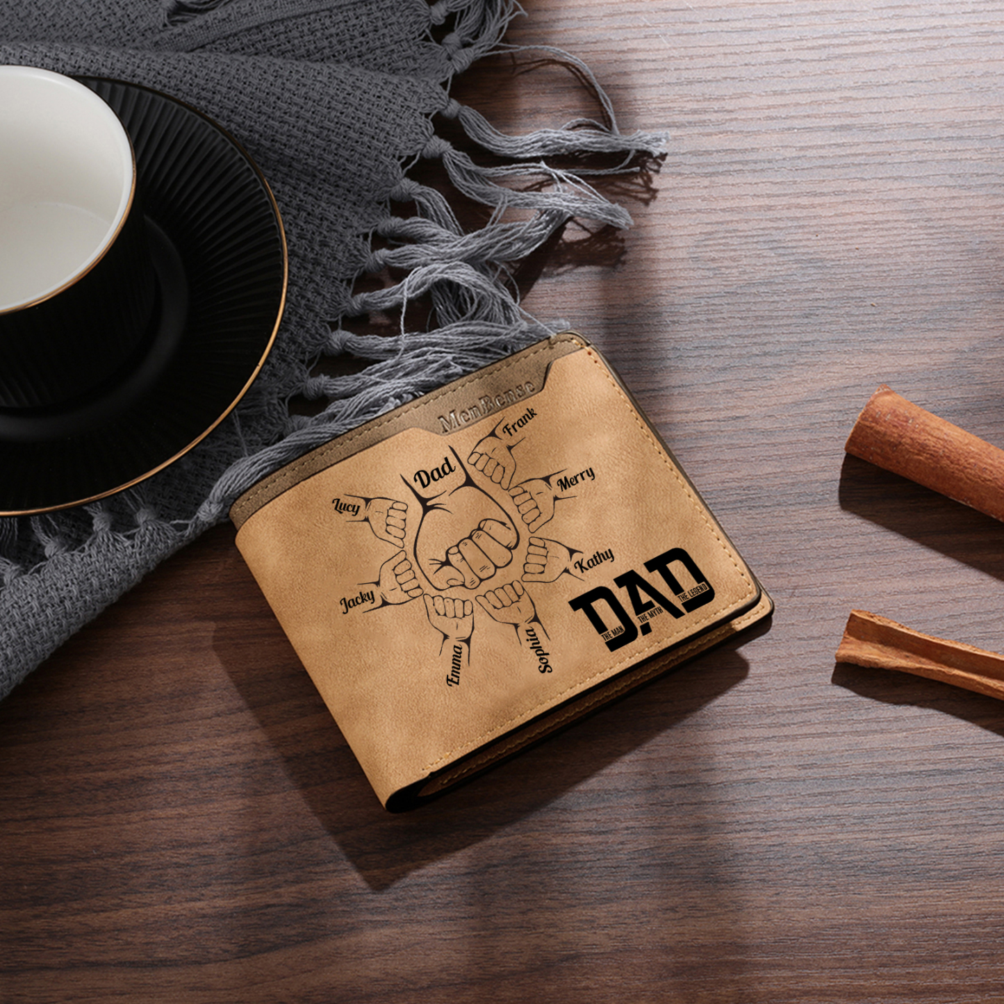 8 Names - Personalized Fist Bump Pattern Custom Name Leather Men's Wallet as a Father's Day Gift for Dad