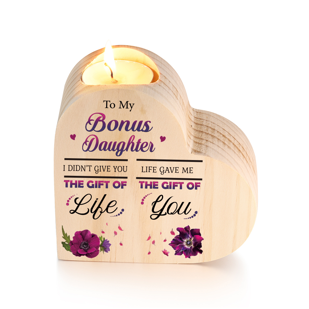 To My Bonus Daughter Christmas Gift Set with Violet Flower Heart Candle Holder Mug "Life Gave Me The Gift of You" Candlestick | Jessemade