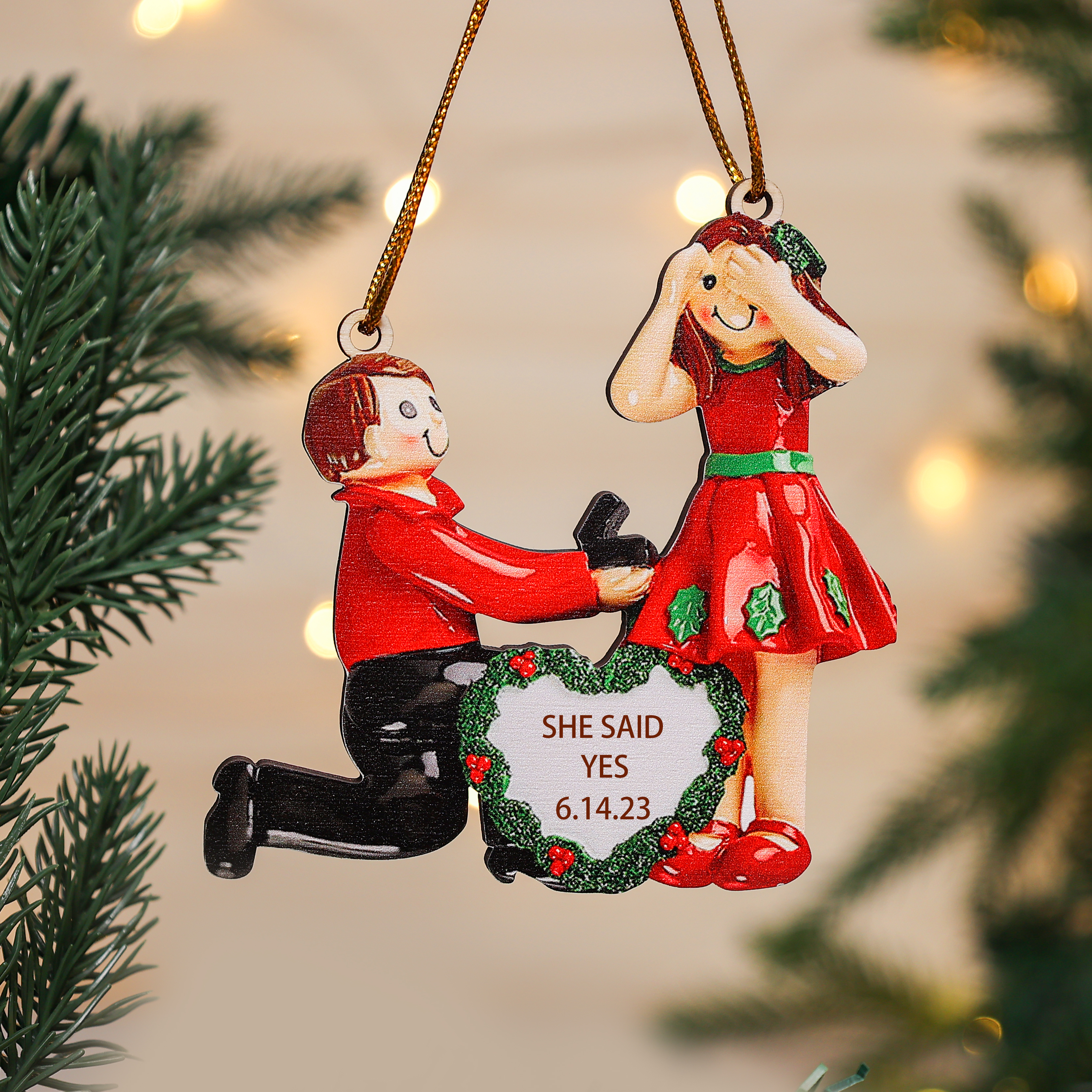 Personalized Engagement Christmas Ornaments Custom Text & Date Wooden Hanging Ornament Gift for Couples