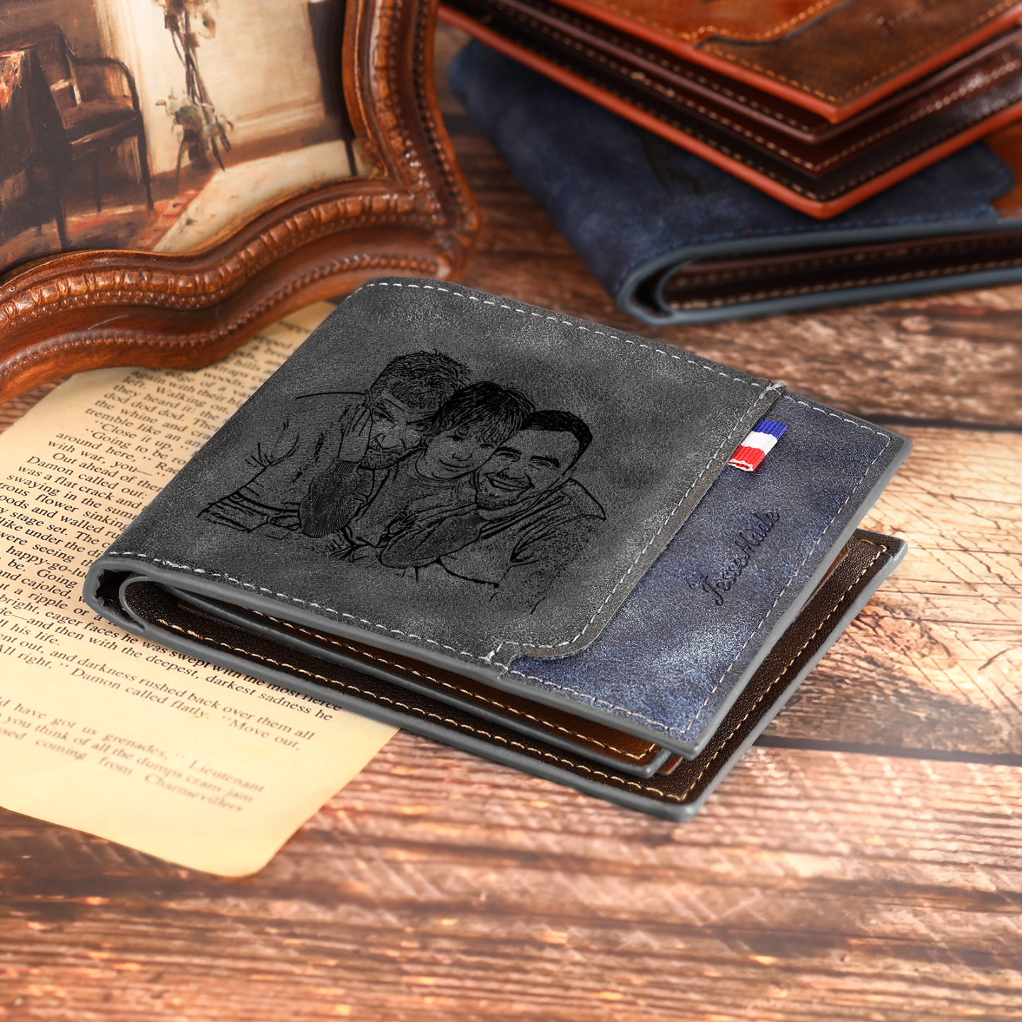 5 Names - Personalized Photo Custom Leather Men's Folding Wallet as a Father's Day Gift for Dad