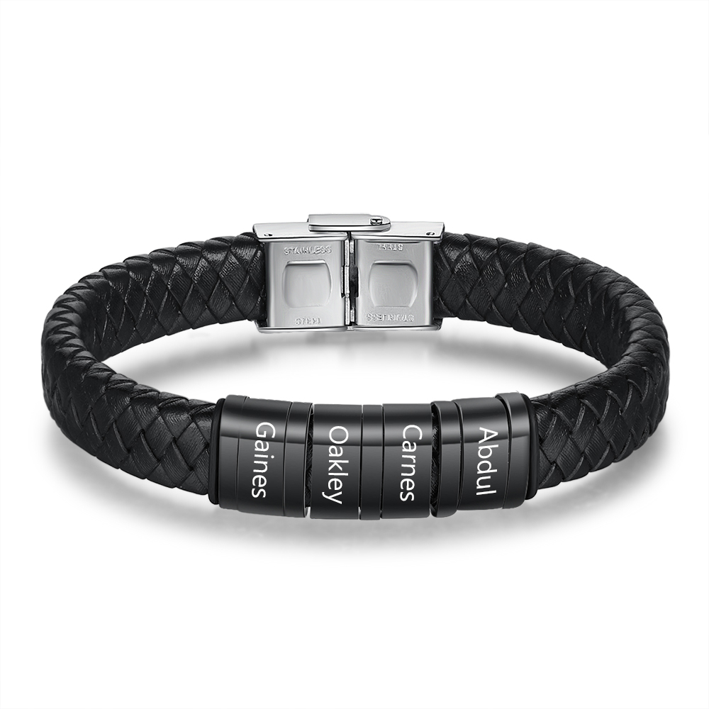 6 Names-Personalized Braided Leather Bracelet Custom Men's Bracelet Engraved 6 Names for Him