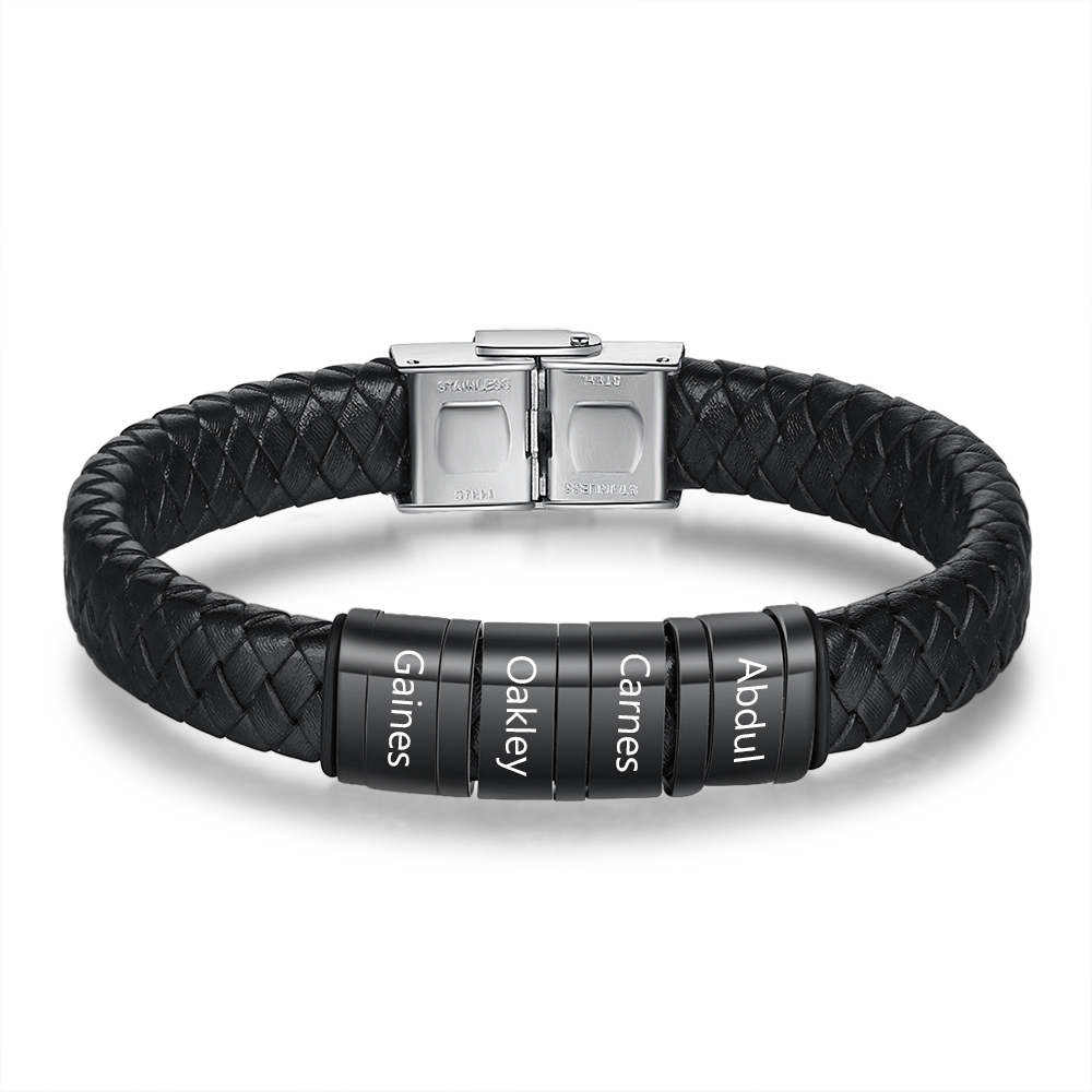 6 Names-Personalized Braided Leather Bracelet Custom Men's Bracelet Engraved 6 Names for Him
