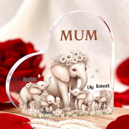 4 Names-Personalized Elephant Acrylic Heart Keepsake Custom Text Acrylic Plaque Ornaments Gifts for Mom