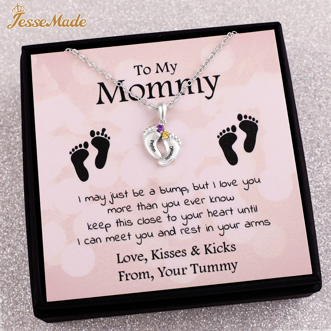 Personalized Baby Foot Necklace With 1-6 Birthstones Engraved Names Gift For Mother