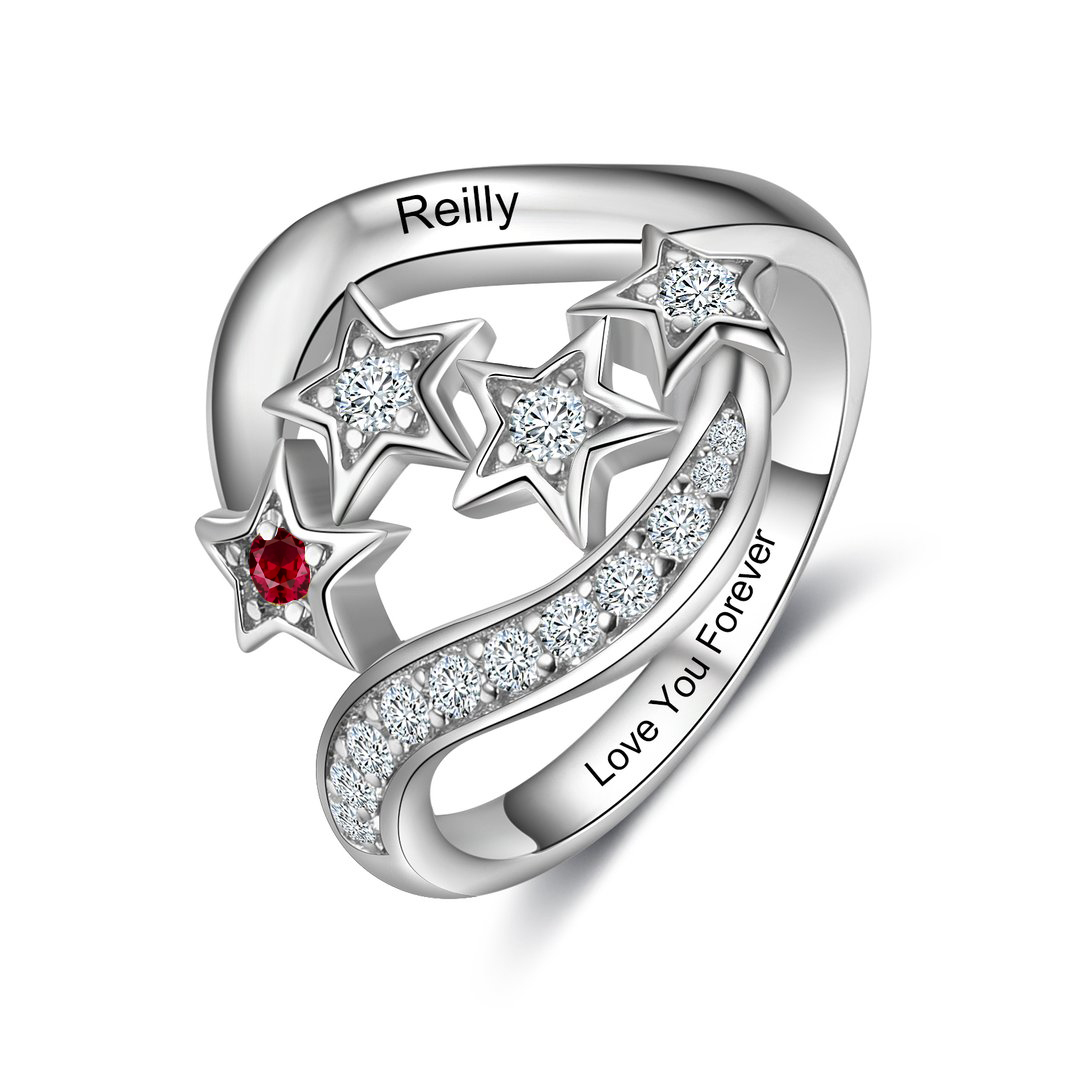 Personalized Star Ring With 1 Birthstone Engraved Names Ring Gift For Women