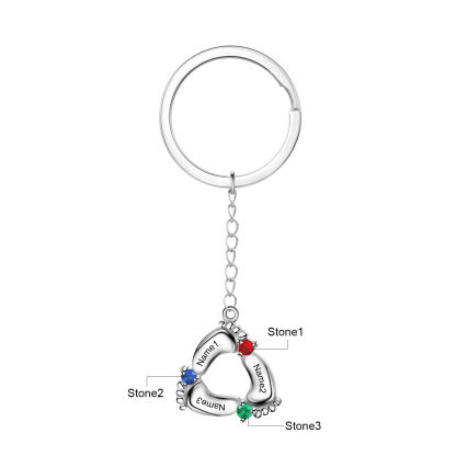 Personalized Baby Feet Keychain With 3 Birthstones Engraved names Keychain Gifts For Mother