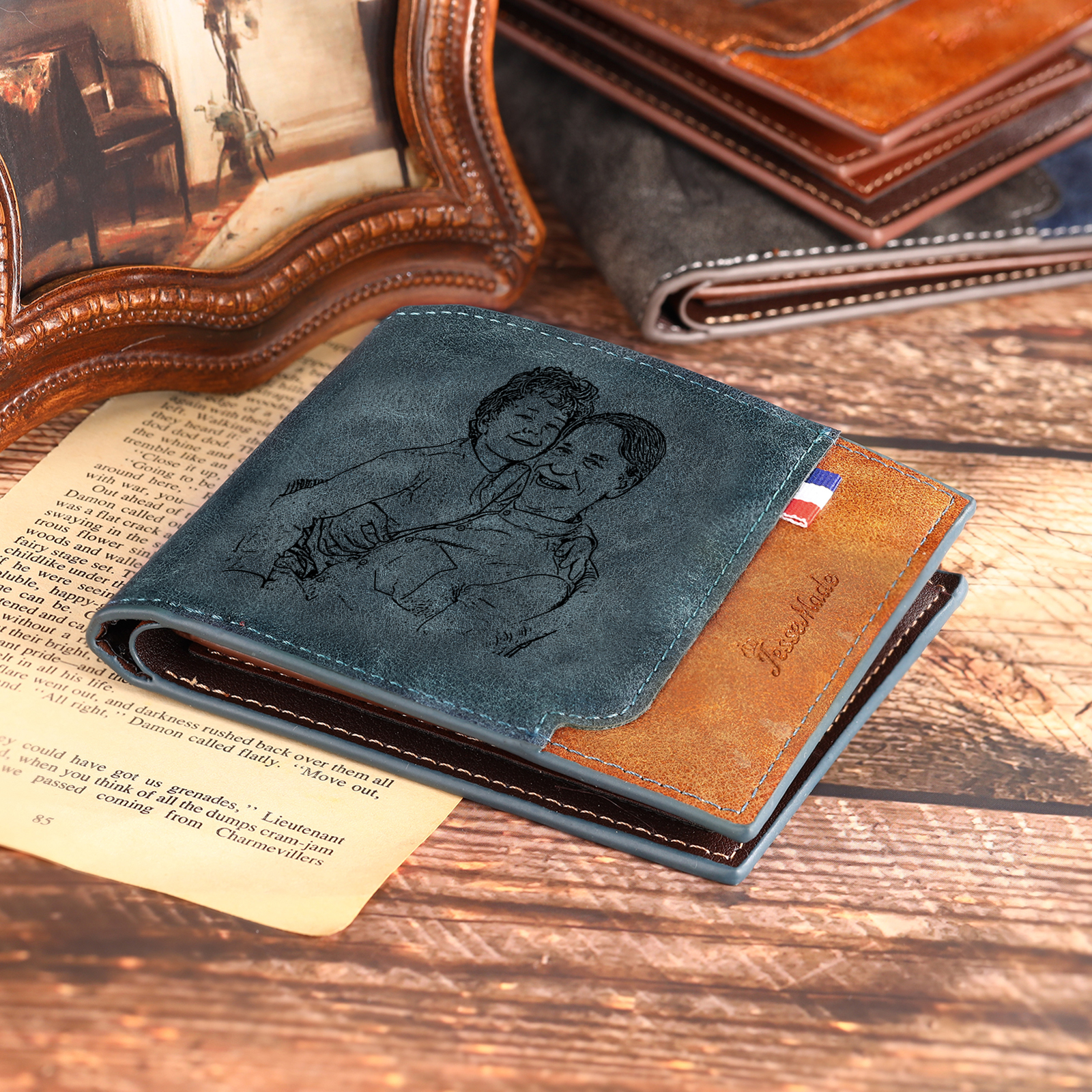 5 Names - Personalized Photo Custom Leather Men's Folding Wallet as a Father's Day Gift for Dad