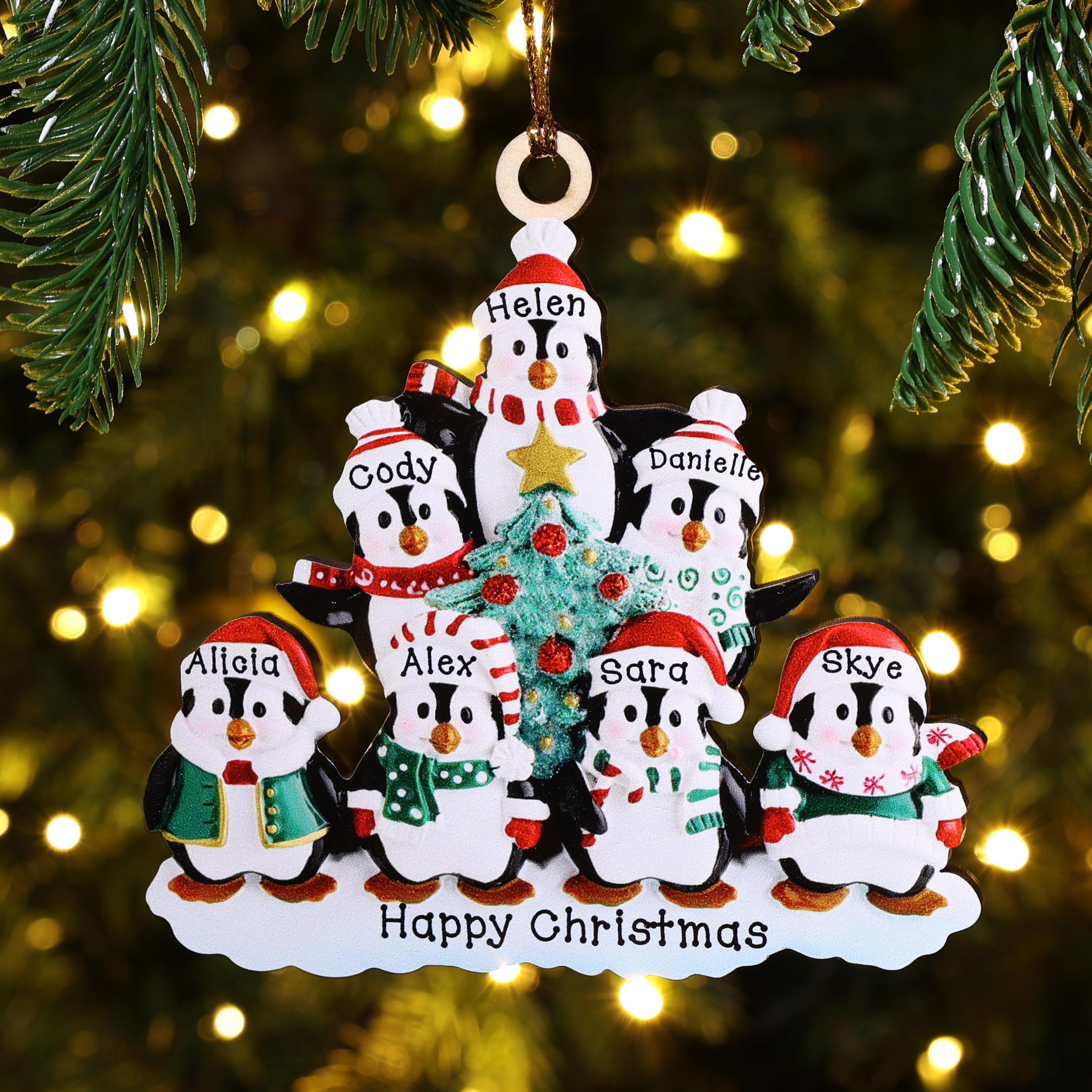 7 Names-Personalized Family Wooden Christmas Ornament-Custom 7 Names Hanging Ornament Gifts For Family-Winter Penguin Family