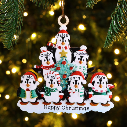 9 Names-Personalized Family Wooden Christmas Ornament-Custom 8 Names Hanging Ornament Gifts For Family-Winter Penguin Family