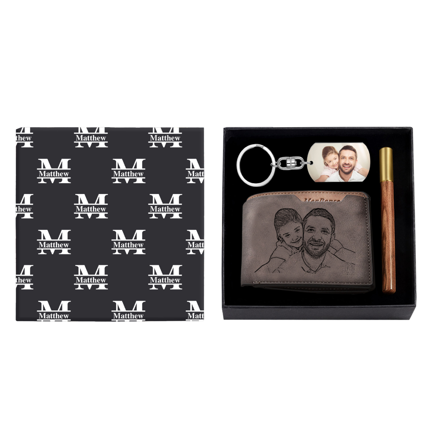 Personalized Leather Wallet Gift Box Set with Keychain Customizable Photo,Text ,Name and Date Wallet Gift for Him