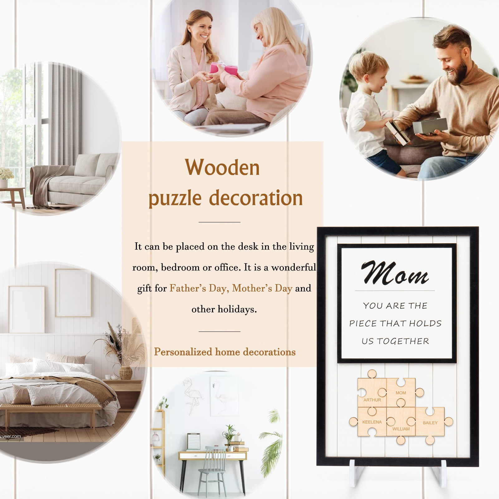 Mom Puzzle Sign Personalized 5 Names Wooden Sign Family Gifts-Mom You Are the Piece that Holds Us Together