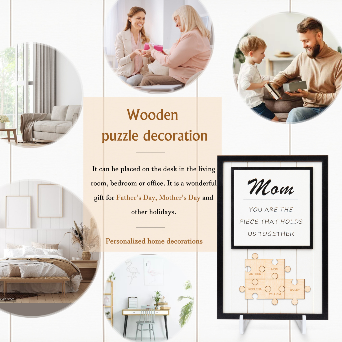 Mom Puzzle Sign Personalized 5 Names Wooden Sign Family Gifts-Mom You Are the Piece that Holds Us Together