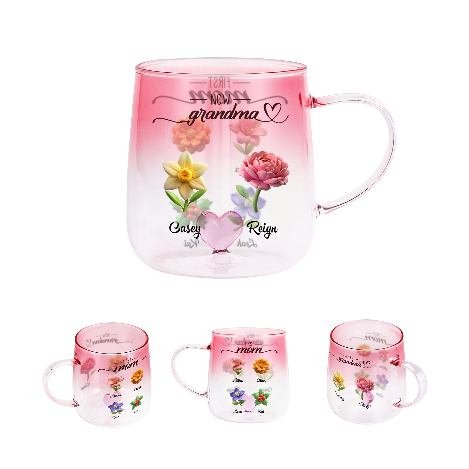 Personalized Birth Flowers Pink Gradient Glass Mug for Mom Grandma