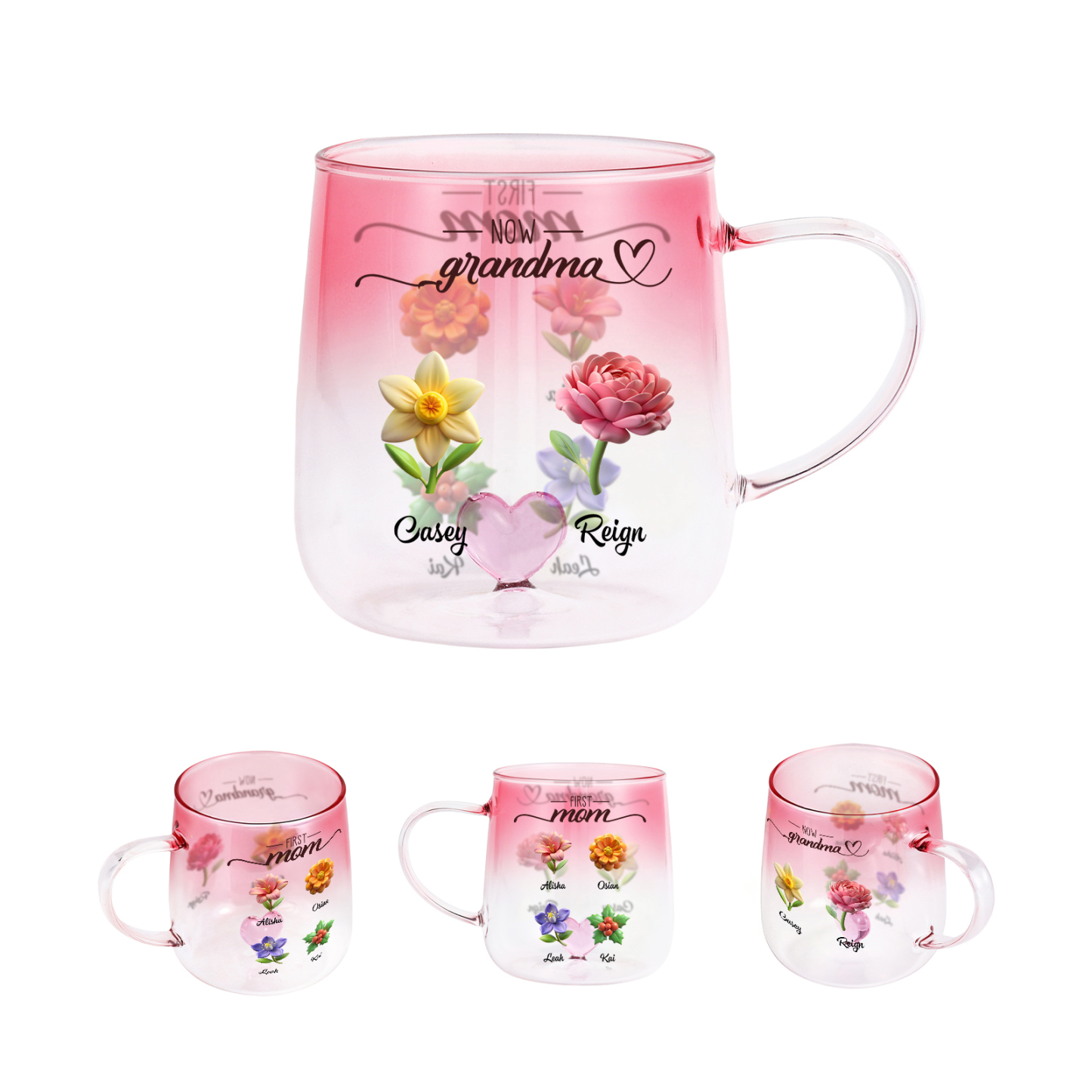 Personalized Birth Flowers Pink Gradient Glass Mug for Mom Grandma